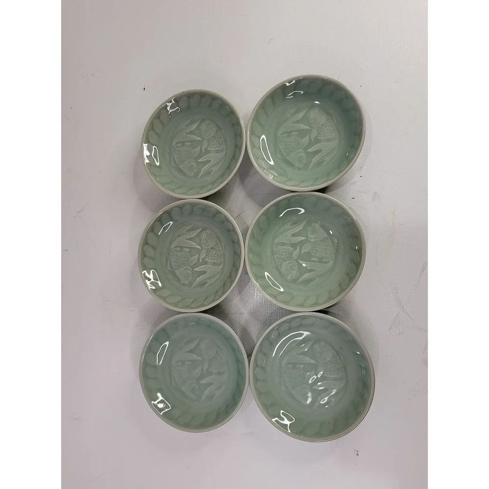 6pc Vintage Chinese Celadon Porcelain Koi Fish Dipping Bowls Set Green 4